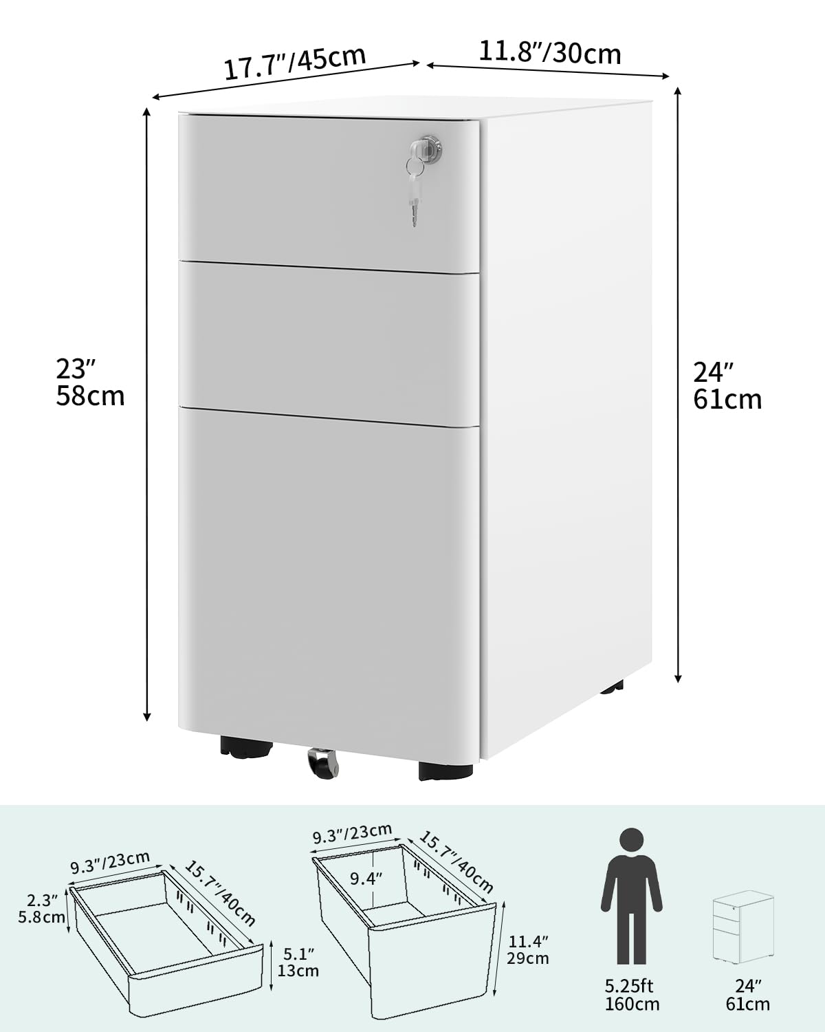 YITAHOME Fully Assembled Metal File Cabinet with 3 Lockable Drawers, Mobile Filing Cabinet for Home Office, Under Desk File Office Drawers for Letter/Legal/A4, Black, 30 x 46 x 59cm