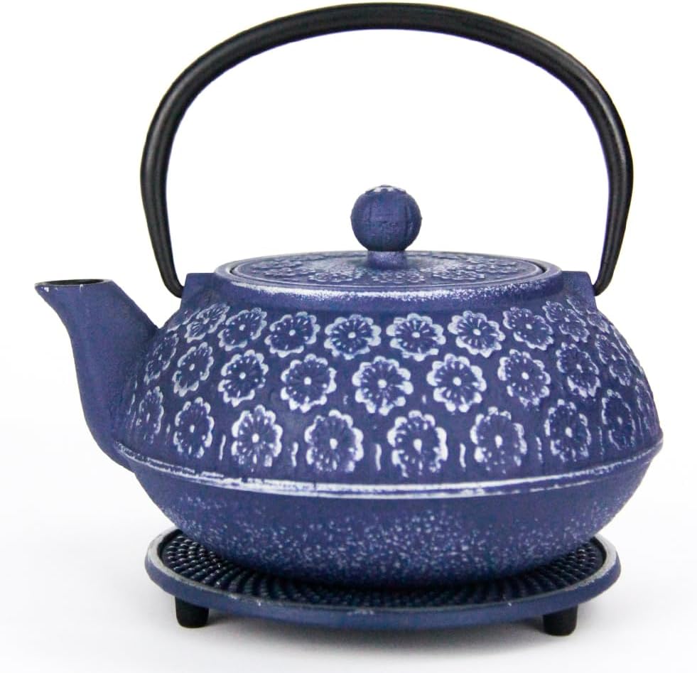 Durable Blue Cast Iron Teapot Gift Set with Teapot with Loose Leaf Tea Infuser 2 cups and Teapot Triver