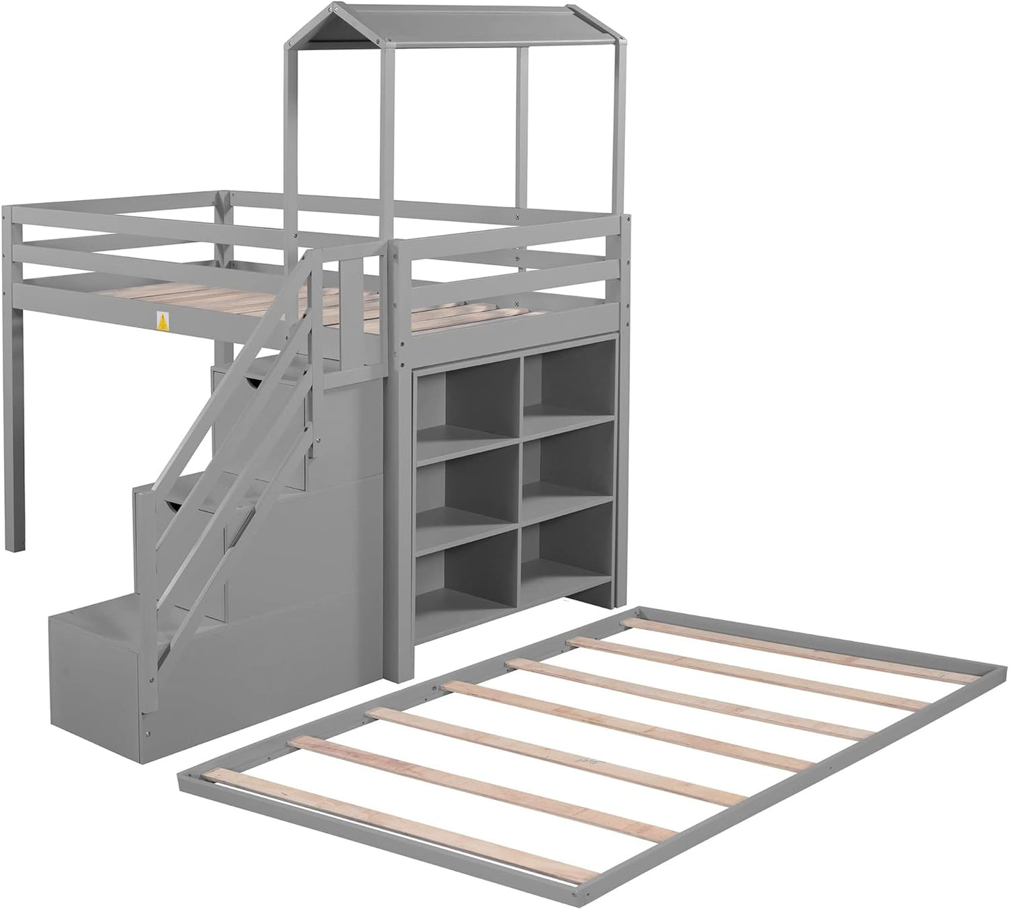 MOEO Twin Over Full House Roof Bunk Bed with Staircase and Shelves, Bedroom Wooden Bunkbed Fram w/Storage, Guard Rails for Kids, Teens, Adults, No Box Spring Required, Gray