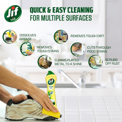 JIF Cream Cleaner, with micro crystals technology, Lemon, eliminates grease, burnt food & limescale stains, 4 x 500ml