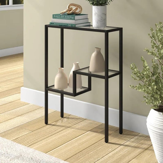 LINGWEI Modern Console Table with Glass Shelves & 1.3cm Thick Metal Frame - Pre-Assembled 3-Tier Entryway Table for Living Room, Hallway, or Sofa Side (Style-3)