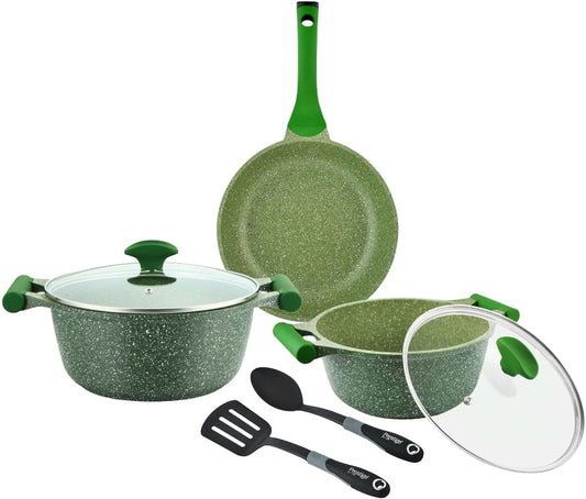 Prestige Essentials Granite 7 Piece Non-Stick Cast Aluminium Cookware sets | Induction Base | Non Stick Aluminium | Granite Casserole | Fry Pan - Green