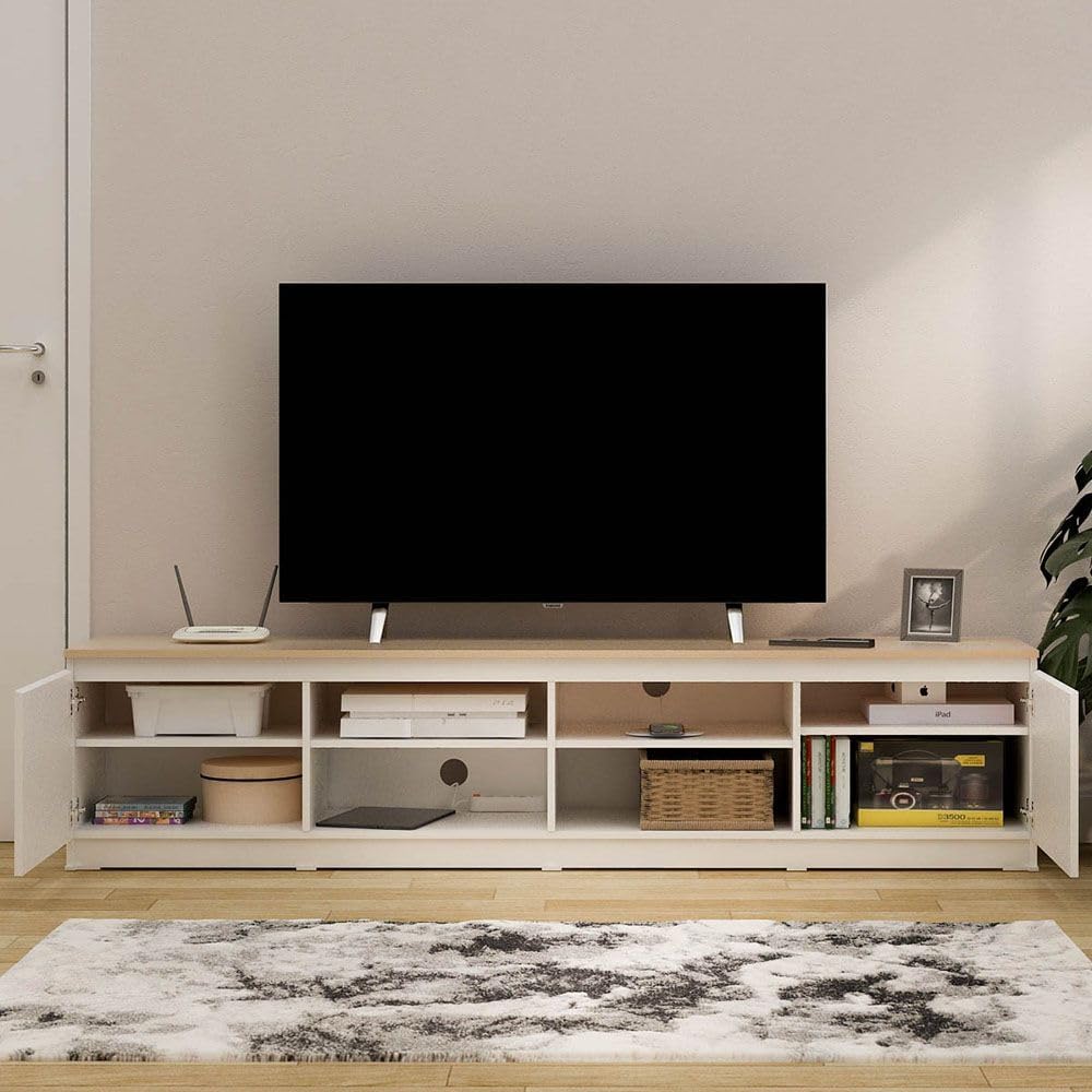 Danube Home Guyana Tv Unit With 2 Doors And Shelves Up To 80 Inches | Entertainment Modern Design Wall Unit Furniture | Wooden TV Stand For Living Room | Media Center L196.2xW39.6xH44.7cm-White/Oak