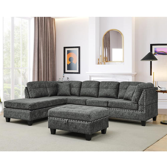 Evedy Living Room Furniture Sets,Sectional Sofa with Storage Ottoman,L-Shaped Two Cup Holders and 2 Pillows&Extra Wide Reversible Chaise,Upholstered Couch for Large Space Apartments, Gray F