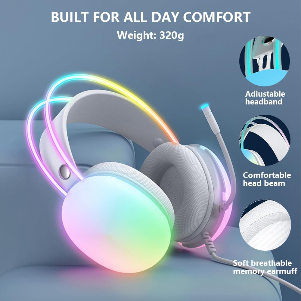 USB Gaming Headset with Mic for PC, RGB Rainbow Backlit Headphone, Virtual 7.1 Surround Sound, 50mm Driver, Soft Memory Earmuffs, Wired Laptop Desktop Computer Headset