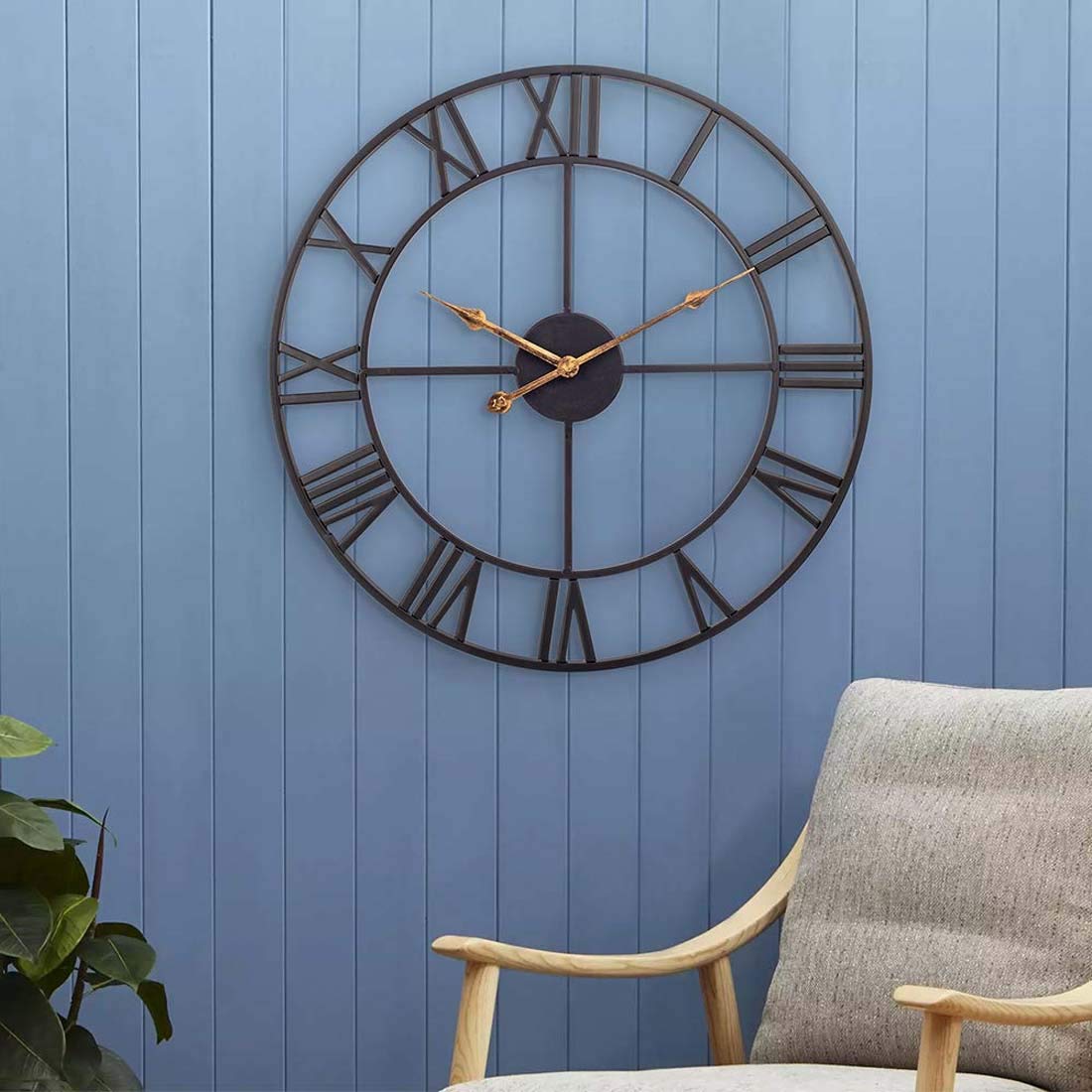 SKJIND 60cm Large Home Decor Wall Clock for Living Room Non Ticking Iron Art Clocks Roman Numeral,Retro Distressed Metal,Oversized (60cm, Black)