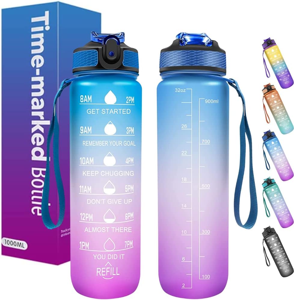 Illys Plastic Water Bottle, 1L / 32oz with Motivational Time Marker (Multi colour)