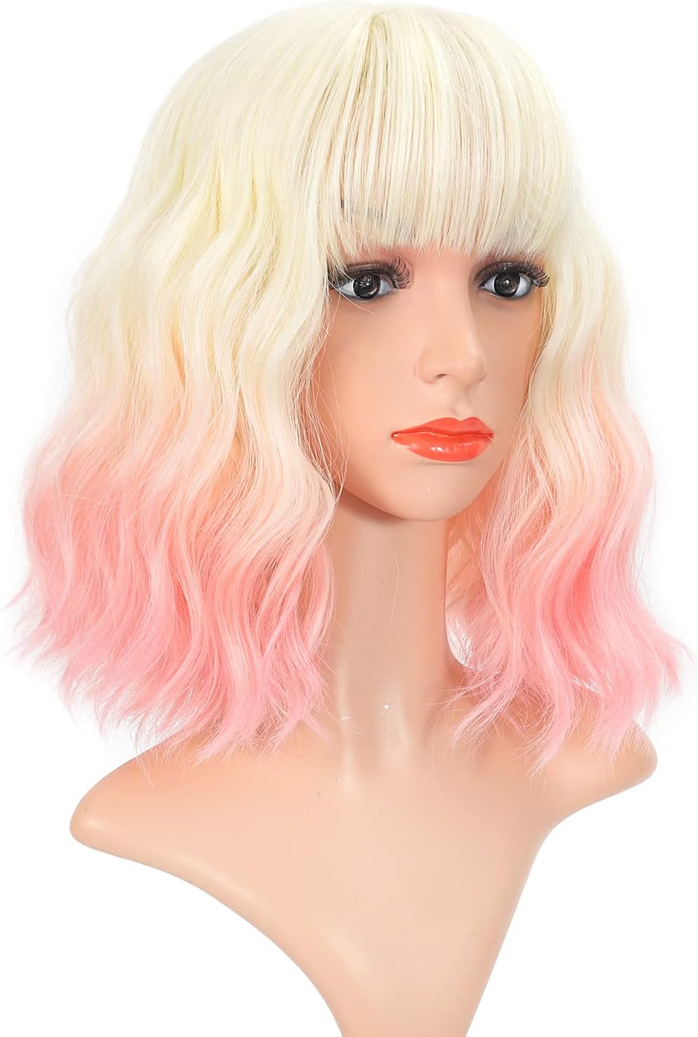 VCKOVCKO Ombre Color Natural Wavy Bob Wig With Air Bangs Short Bob Wigs Women's Shoulder Length Wigs Black to Pink Purple Curly Wavy Synthetic Cosplay for Girl Colorful Wigs(12",Black to WineRed)