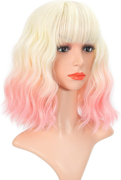 VCKOVCKO Ombre Color Natural Wavy Bob Wig With Air Bangs Short Bob Wigs Women's Shoulder Length Wigs Black to Pink Purple Curly Wavy Synthetic Cosplay for Girl Colorful Wigs(12",Black to WineRed)