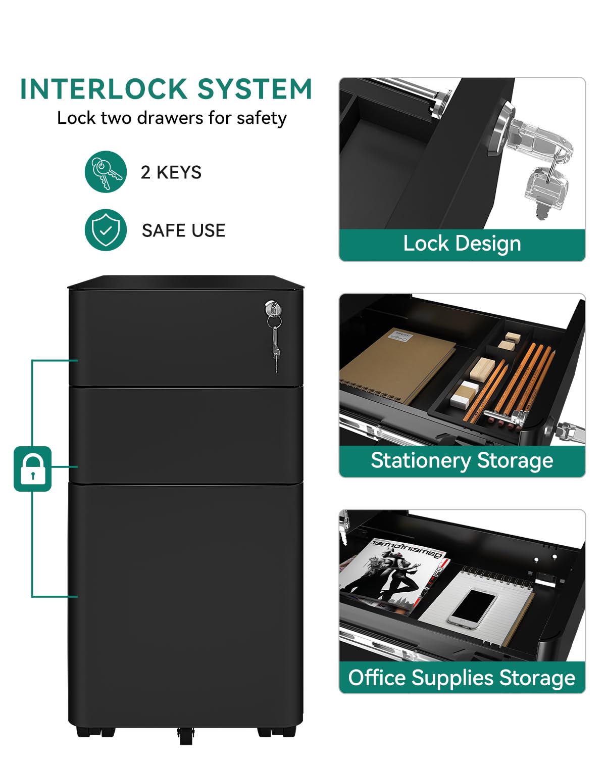 YITAHOME Fully Assembled Metal File Cabinet with 3 Lockable Drawers, Mobile Filing Cabinet for Home Office, Under Desk File Office Drawers for Letter/Legal/A4, Black, 30 x 46 x 59cm