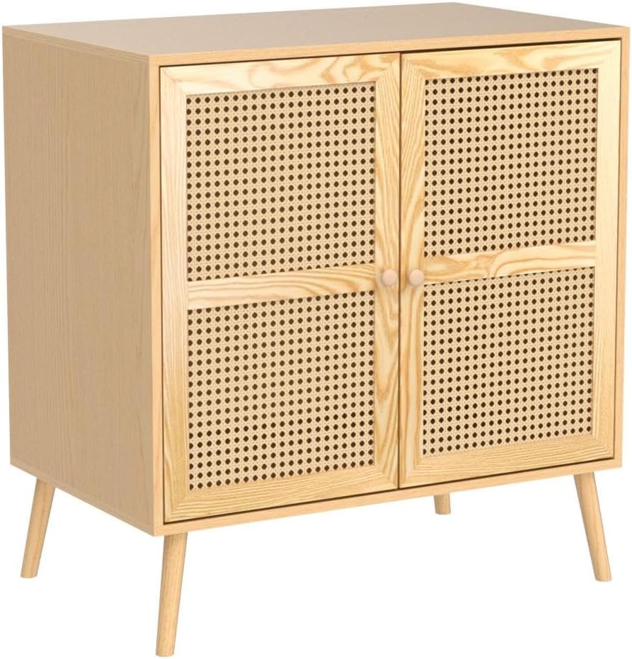 Sideboard Buffet Cabinet with Rattan Door, Accent Storage Cabinet Natural Rattan Mid Century Modern Dresser Cupboard Console Table Wood Bar Cabinet for Living Room Kitchen Pantry Dining Room Entryway