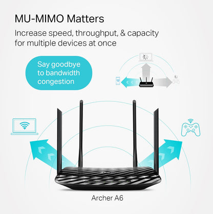 TP-Link AC1200 Gigabit WiFi Router (Archer A6) - Dual Band MU-MIMO Wireless Internet Router, 4 x Antennas, OneMesh and AP mode, Long Range Coverage