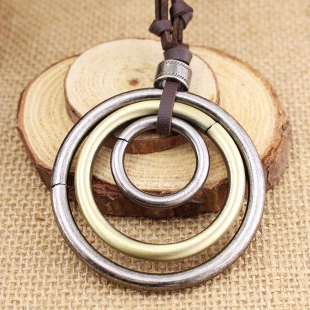 JczR.Y Leather Necklace for Men Double Circle Rings Leather Rope Pendant Necklace Punk Leather Chain Disc Ring Necklace Vintage Jewelry Gift