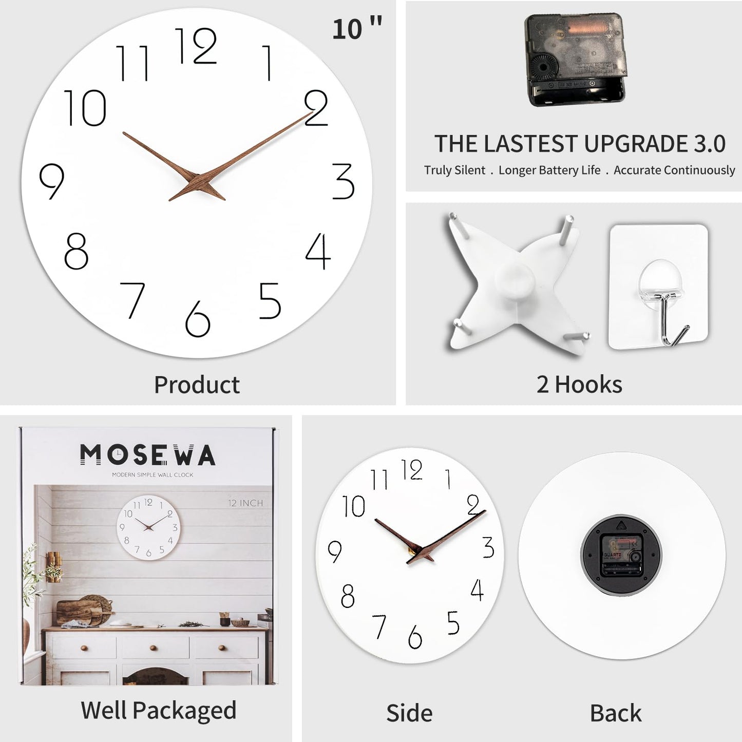 Mosewa Wall Clock 12 Inch Silent Non Ticking Wood Wall Clocks Battery Operated - Wooden White Modern Office Simple Minimalist Clock Decorative for Kitchen,Home,Bathroom,Living Room(12" White)