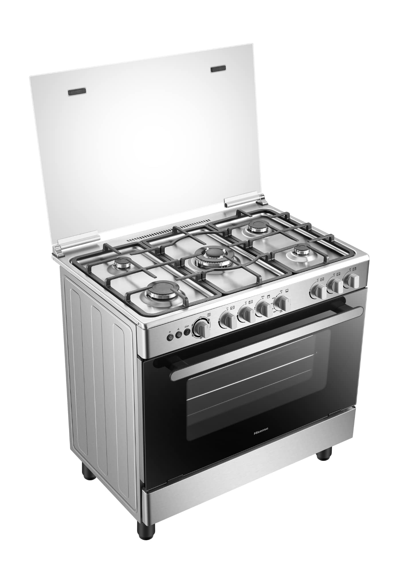 Hisense 90cm Freestanding Gas Cooker,5 Pool Gas burner with FFD, Cast Iron Pan support, Mechanical Timer, Glass Grill, Convection Fan, Wok Burner