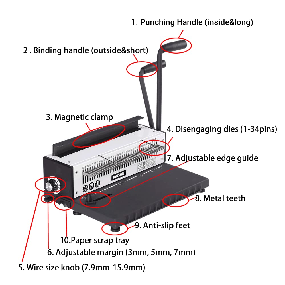 Rayson Wire Binding Manual Machine TD-1500B34,Binding Capacity 120 sheets (A4,80g),15 Sheet Punching Capacity,3:1 Pitch 34 Hole Book Binder,Wire Binding Machine