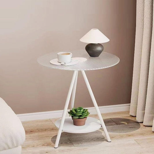 Kutis Small Coffee Round Table, 2-Tier Tray Snack Table Tea Table Nightstand Sofa Table Waterproof Metal Structure with Tempered Glass Top for Living Room Bedroom Balcony Patio 40x59 cm.