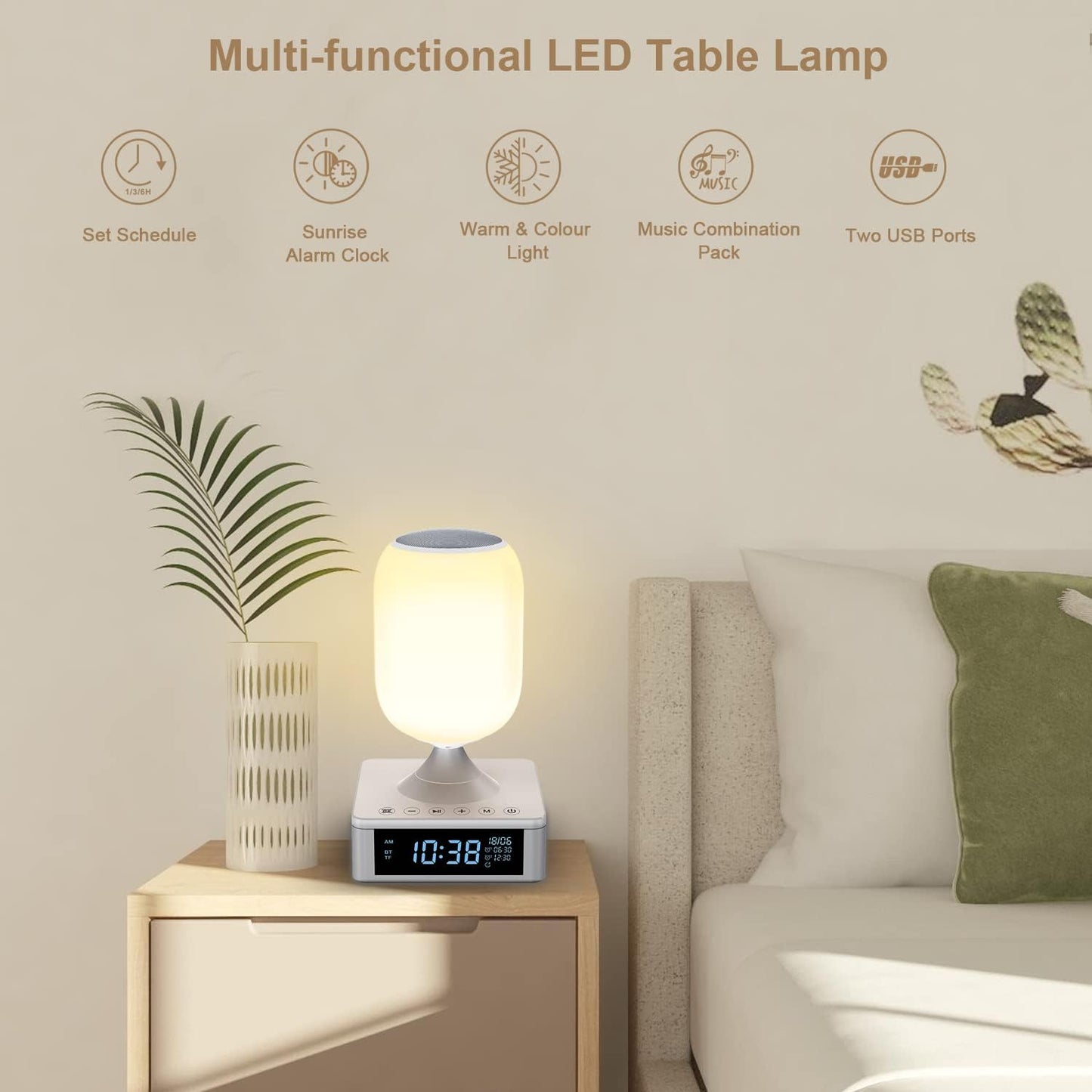 LED Table Lamp,Music Bedside Lamp with 2 USB Ports,Sunrise Alarm Clock, Touch Control Nightstand Reading Light,APP Control Easy Setting Light with Dimmable Mirror LED Display for kids and adults