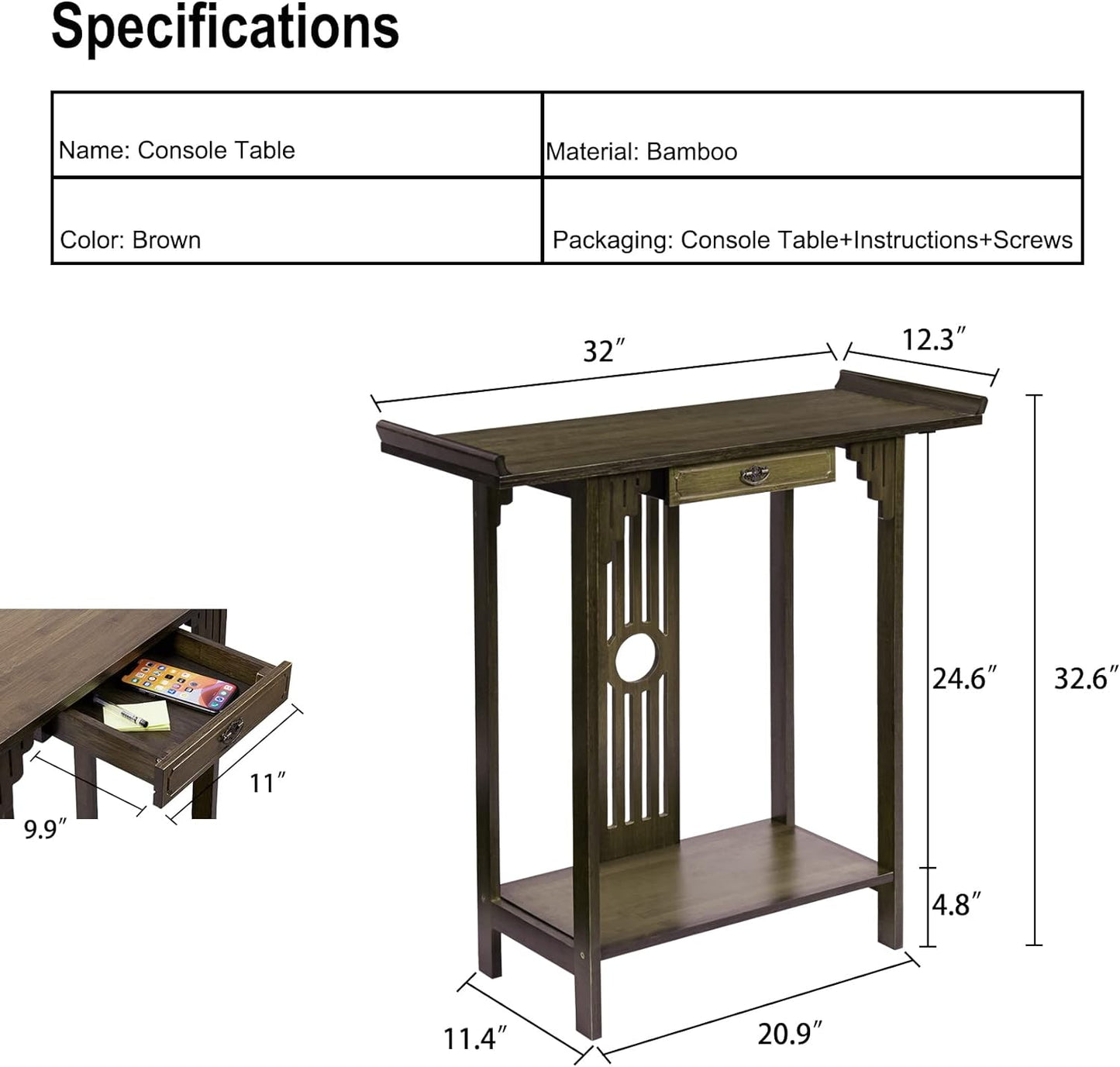 Narrow Console Table for Entryway: 32in Brown Bamboo Hallway Table with Drawer for Living Room Bedroom, LxWxH 32x12.3x32.6in