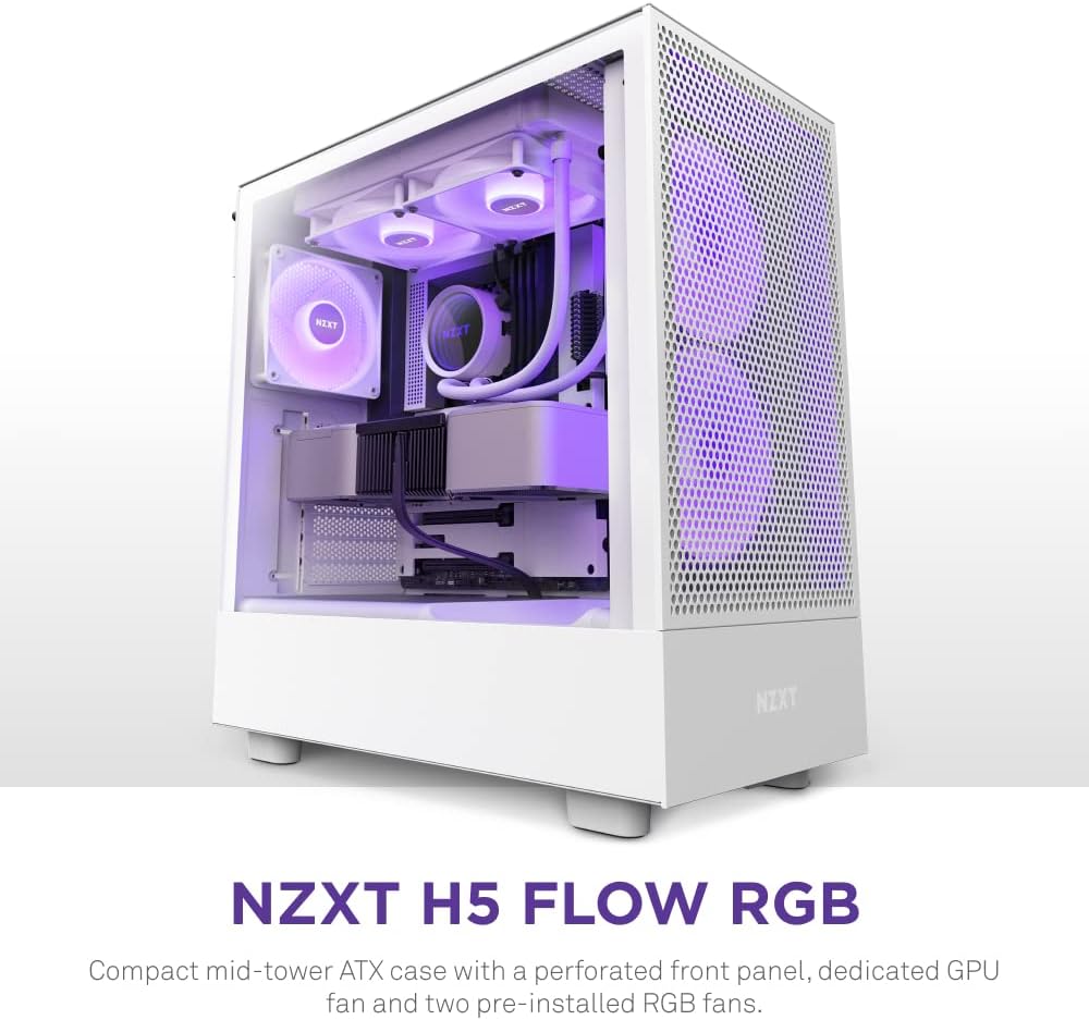 NZXT H5 Flow Compact ATX Mid-Tower PC Gaming Case – High Airflow Perforated Front Panel – Tempered Glass Side Panel – Cable Management – 2 x 120mm Fans Included – 280mm Radiator Support – White