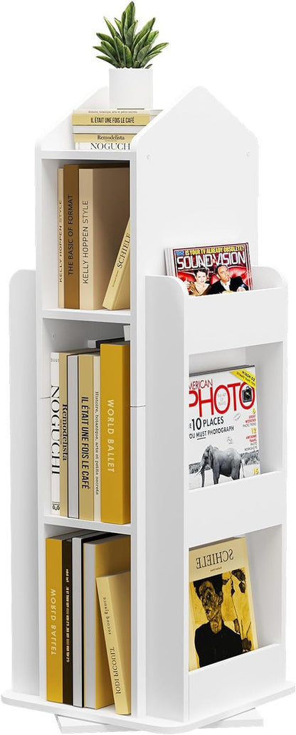 yeshine 4-Tier Rotating Bookshelf, 360° Rotating Bookcase with Castors Corner Display Storage Shelf Floor Standing Book Shelves for Bedroom Living Room Study Office