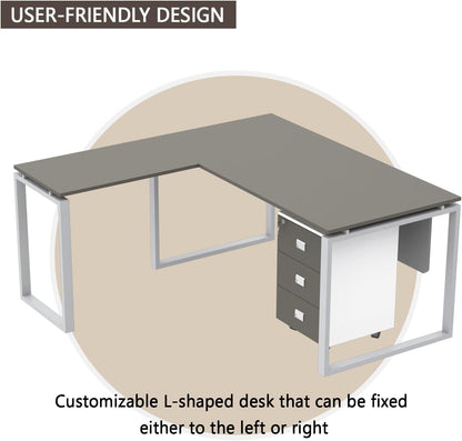 Mahmayi Carre Modern Workstation- Office Furniture with Steel Square Metal Legs, Silver Modesty Panel, Wood 3 Drawer Mobile Storage Unit, Tempered Glass Top for Office Executives, Home (140CM, White)