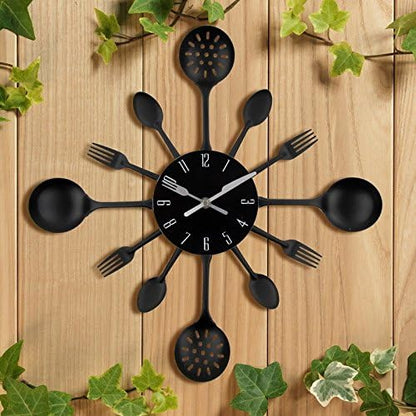 Timelike Wall Clock, 16" Metal Kitchen Cutlery Utensil Spoon Fork Wall Clock Creative Modern Home Decor Antique Style Wall Watch (Black)