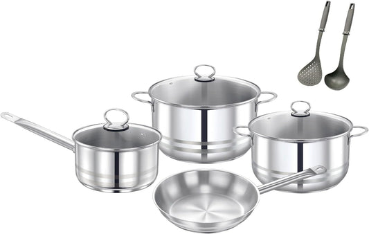 Prestige Stainless Steel 9Pc Cookware Set | Stainless Steel Cooking Set | Pots and Pans Set | stainless steel saucepan and Casserole with Glass Lid