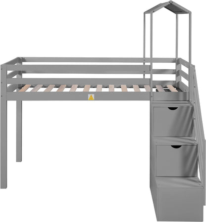 MOEO Twin Over Full House Roof Bunk Bed with Staircase and Shelves, Bedroom Wooden Bunkbed Fram w/Storage, Guard Rails for Kids, Teens, Adults, No Box Spring Required, Gray