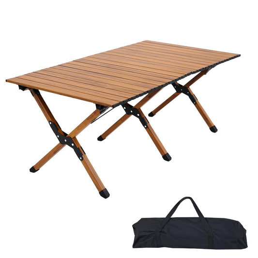 Roll Up Aluminum Folding Table – Heavy Duty and Portable for Picnic, Camping, Beach, Graden, Outdoor Events – Lightweight Foldable Low Dining Table with Carry Bag – Size 120 x 60 cm, H: 54 - Brown