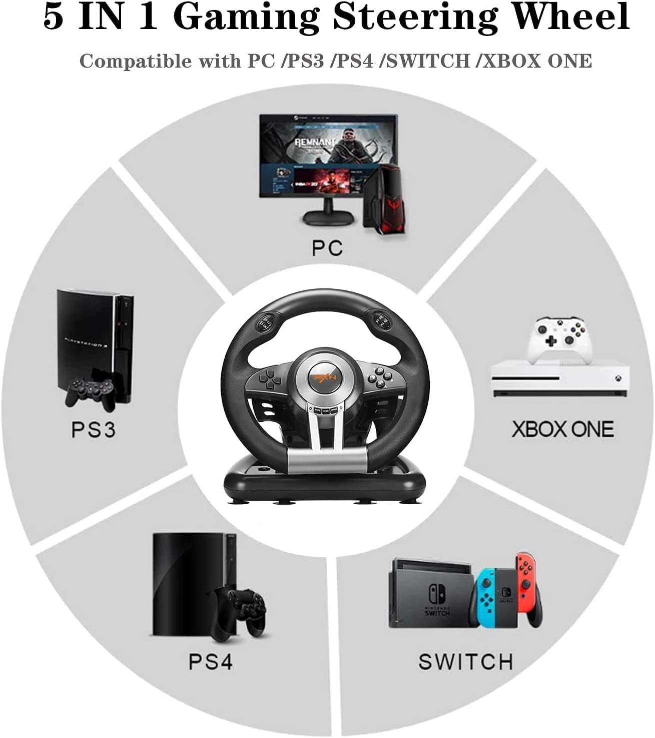 PXN V3II Simulate Racing Game Steering Wheel with Pedal, 180 Degree Steering Wheel, Compatible with Windows PC, PS3, PS4, for Switch - Black