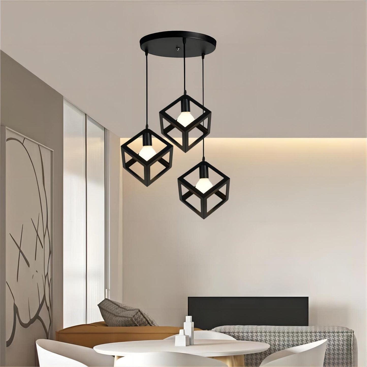 HUA QIANG WANG Industrial Pendant Light, 3-Light Vintage Black Ceiling Lamp, Adjustable Height Hanging Chandelier Lighting Fixture for Kitchen Island Living Room Dining Room Bedroom