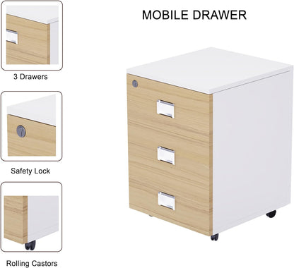 Mahmayi Carre Modern Workstation- Office Furniture with Steel Square Metal Legs, Silver Modesty Panel, Wood 3 Drawer Mobile Storage Unit, Tempered Glass Top for Office Executives, Home (140CM, White)