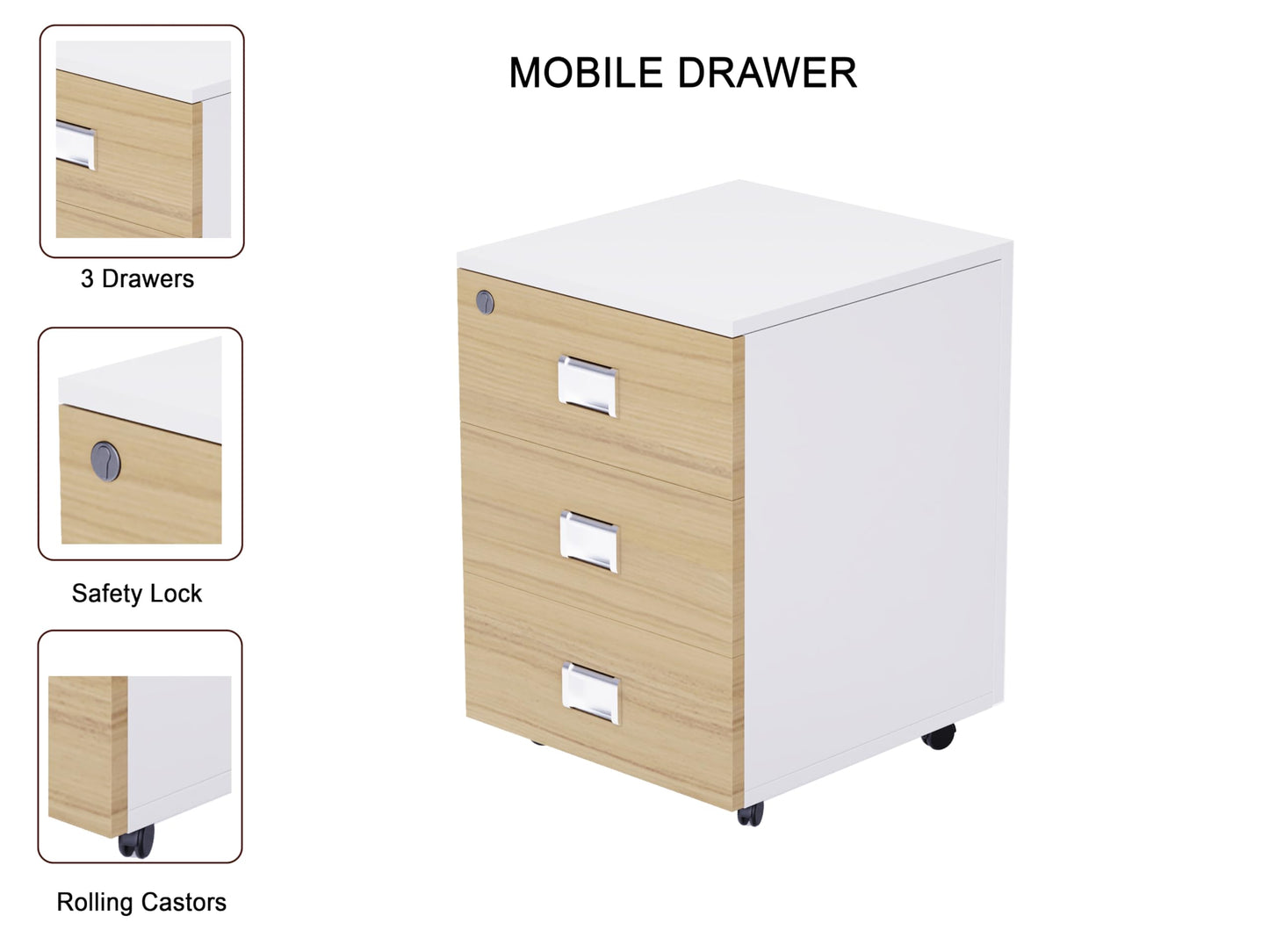 Mahmayi Carre Modern Workstation- Office Furniture with Steel Square Metal Legs, Silver Modesty Panel, Wood 3 Drawer Mobile Storage Unit, Tempered Glass Top for Office Executives, Home (140CM, White)