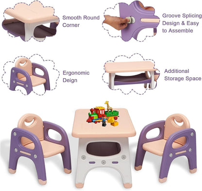 U-HOOME Kids Table and Chair Set, 3 Piece Activity Table and 2 Chair Set Storage Bins, Children Art Crafts Table Desk Set, Playroom Plastic Furniture, Toddler Table & Chair Set (Blue+Yellow)