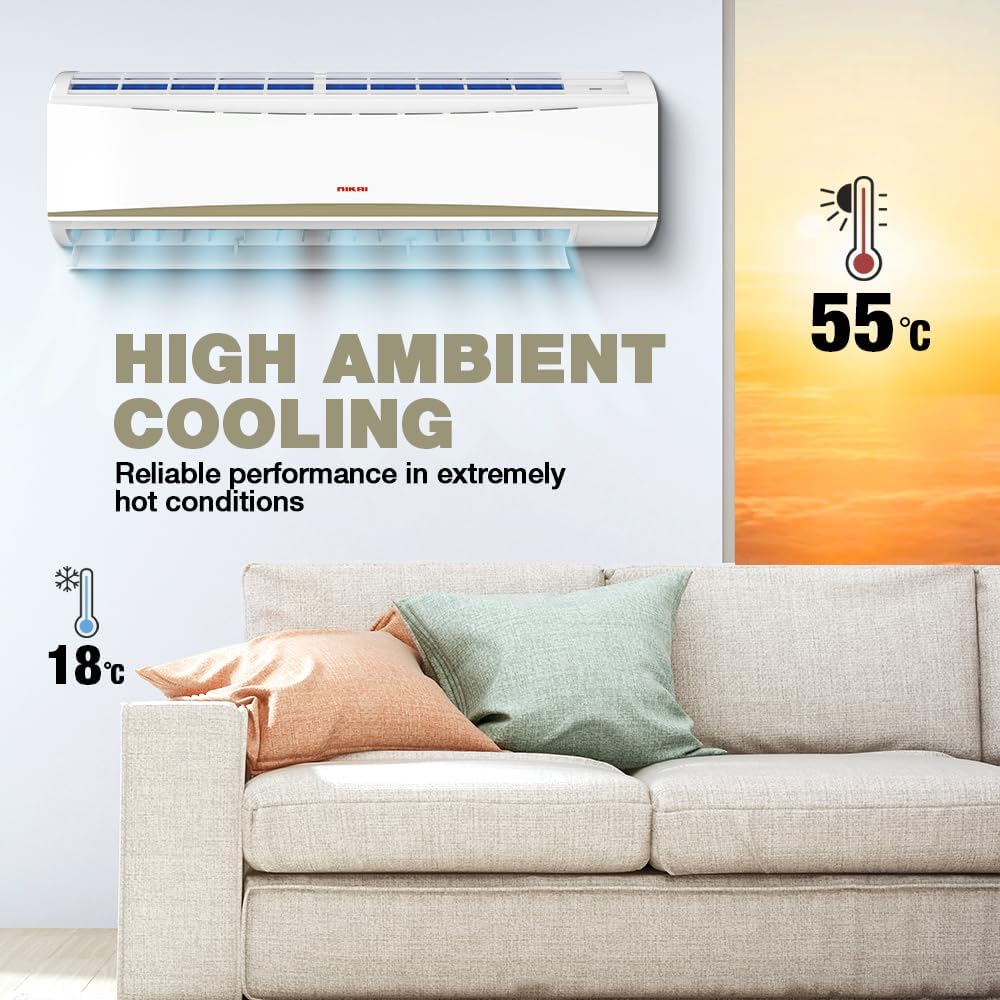 Nikai Split Air Conditioner 2 Ton, Energy Efficient Cooling with T3 Tropical Rotary Compressor, Turbo Mode with 4 Way Swing, 24000 BTU AC, Gold Fin, Auto Restart, Ideal for Home & Office NSAC24131N23