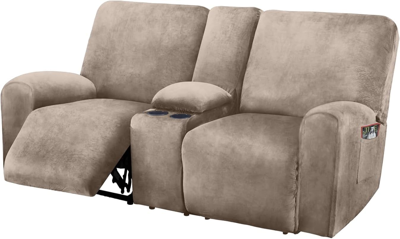 ULTICOR Reclining Loveseat with Middle Console Slipcover, 8-Piece Velvet Stretch Loveseat Reclining Sofa Covers, 2 seat Loveseat Recliner Cover, Thick, Soft, Washable, Loveseat Slipcovers (Dark Grey)