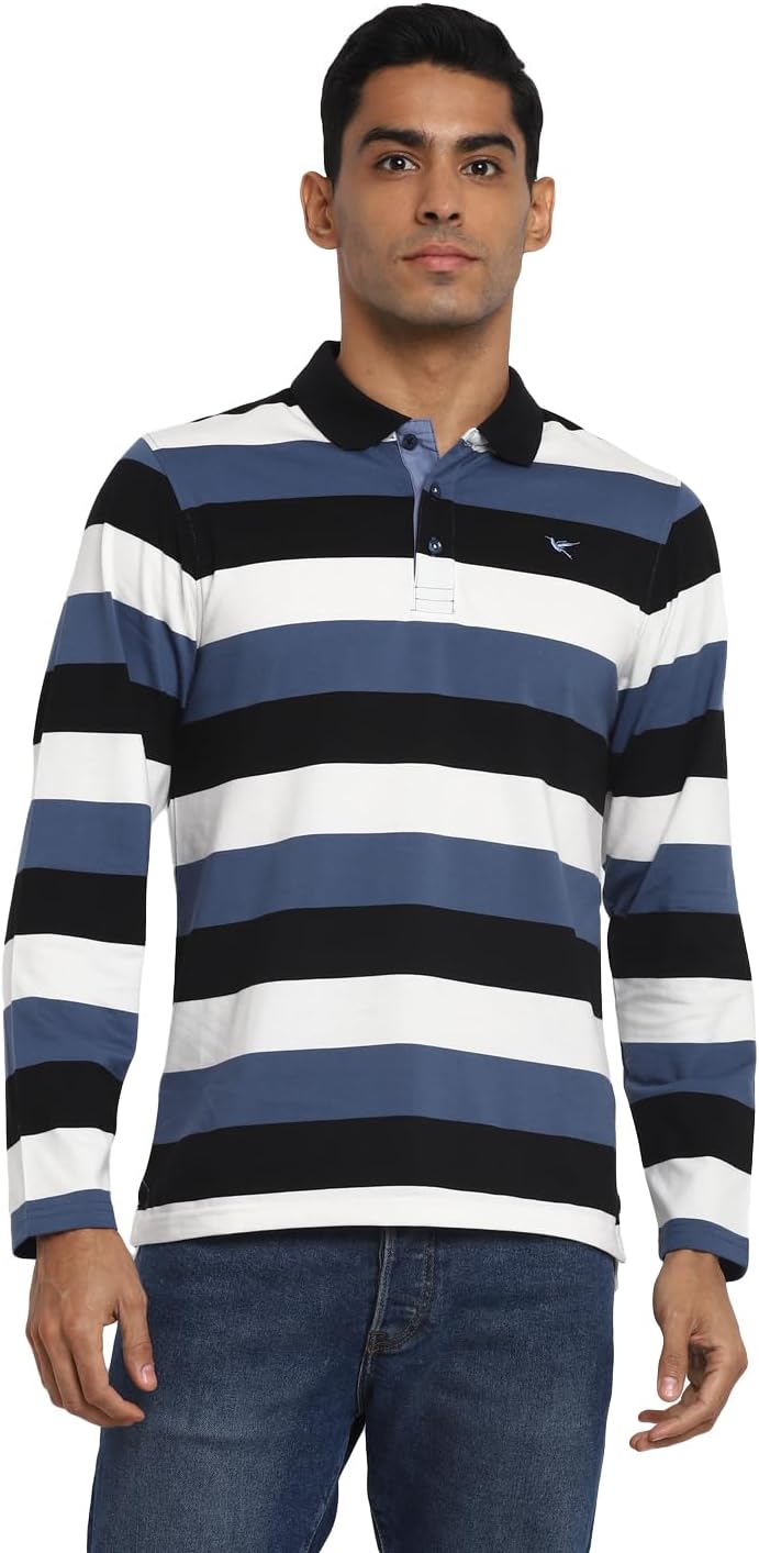 Deniklo Men's Polo Collar Full Sleeves Striped T-Shirt with Embroidery DK 240