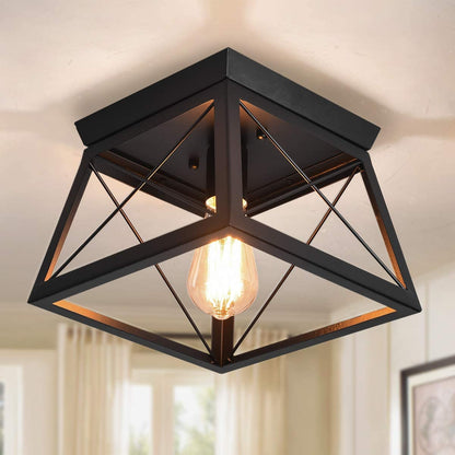 Garwarm Rustic Black Ceiling Lights Semi Flush Mount Farmhouse Ceiling Lamp, Vintage Black Industrial Lighting Ceiling Fixtures with Metal Cage for Kitchen Hallway Dining Room Entryway, E27 Base