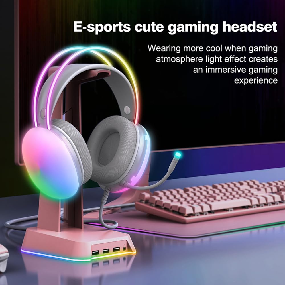 USB Gaming Headset with Mic for PC, RGB Rainbow Backlit Headphone, Virtual 7.1 Surround Sound, 50mm Driver, Soft Memory Earmuffs, Wired Laptop Desktop Computer Headset