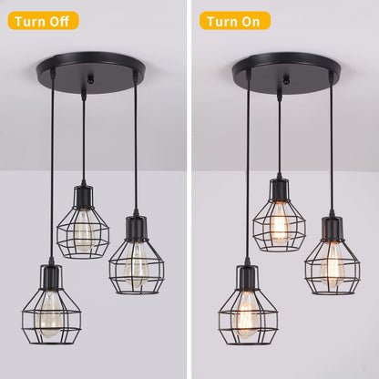 Ganeed Industrial Pendant Light, 3-Light Vintage Chandeliers Hanging Pendant Lighting Fixtures, Adjustable Height Pendant Ceiling Lamp with Metal Cage for Kitchen Living Dining Room Bedroom Hallway