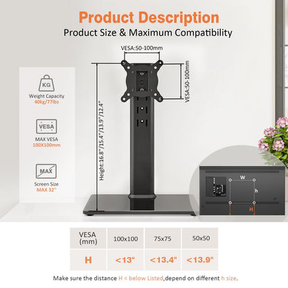 Hemudu Universal Swivel TV Stand/Base Table Top TV Stand for 13 to 32 inch TVs with 100 Degree Swivel, 4 Level Height Adjustable, Heavy Duty Tempered Glass Base, Holds up to 35kg HT07B-001P