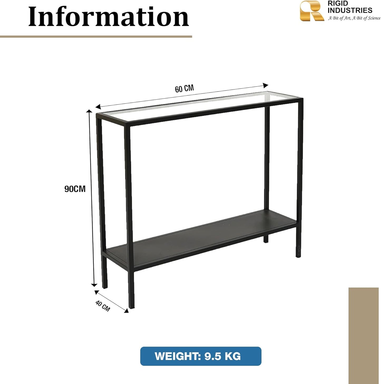 RIGID Console Table | Corner End Table with Stainless Steel Frame and Glass Top for Living Room, Office