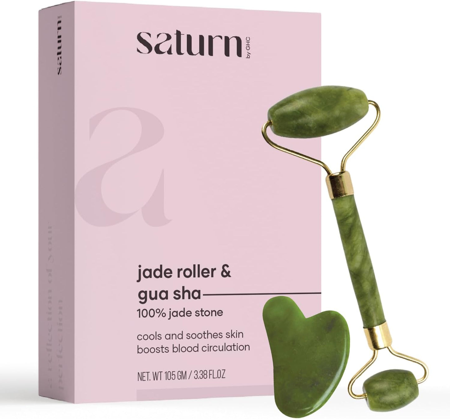 Saturn by GHC Facial Massager Jade Roller & Gua Sha Tool Natural Himalayan Stone for Face Neck Healing Skin Wrinkles & Serum Application