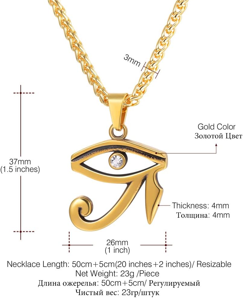 U7 Ancient Egyption Jewelry Stainless Steel 18K Gold Plated Eye of Horus Necklace, Ankh Cross Pendant, Men Women Fashion Jewelry with Chain 22 Inch, Send Gift Box