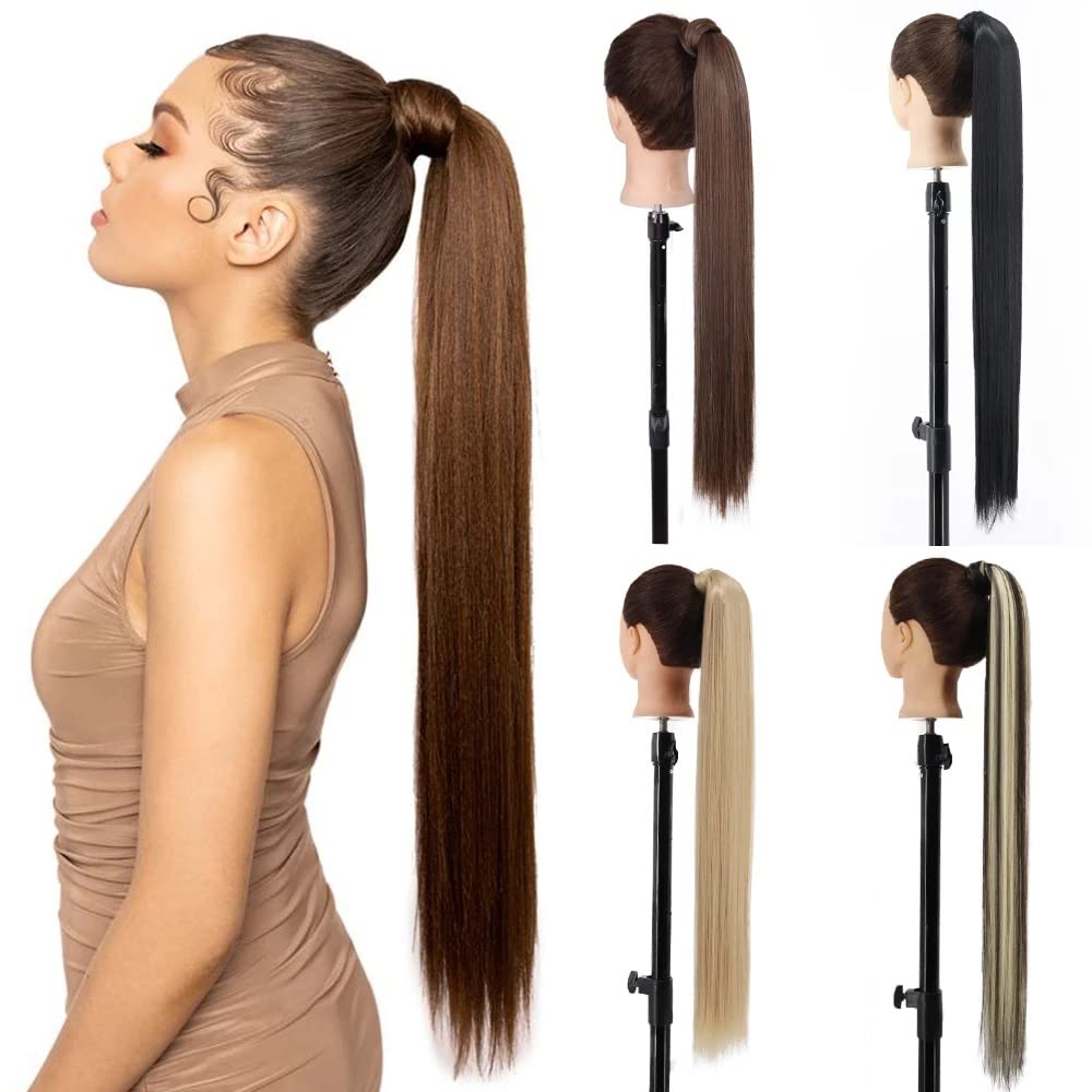 Long Straight Ponytail Extension Wrap Around Off Black Synthetic Hair Extensions One Piece Hairpiece Pony Tail Extension for Women (STRAIGHT, 1B)