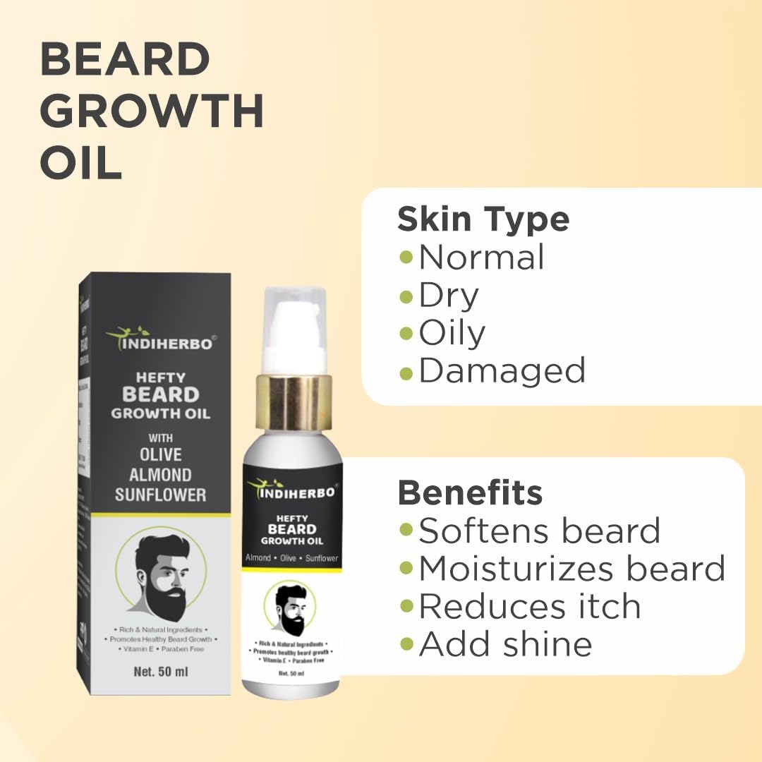 INDIHERBO Hefty Beard Growth Oil 50 ml With Olive Almond Sunflower, Best Beard Oil For Men