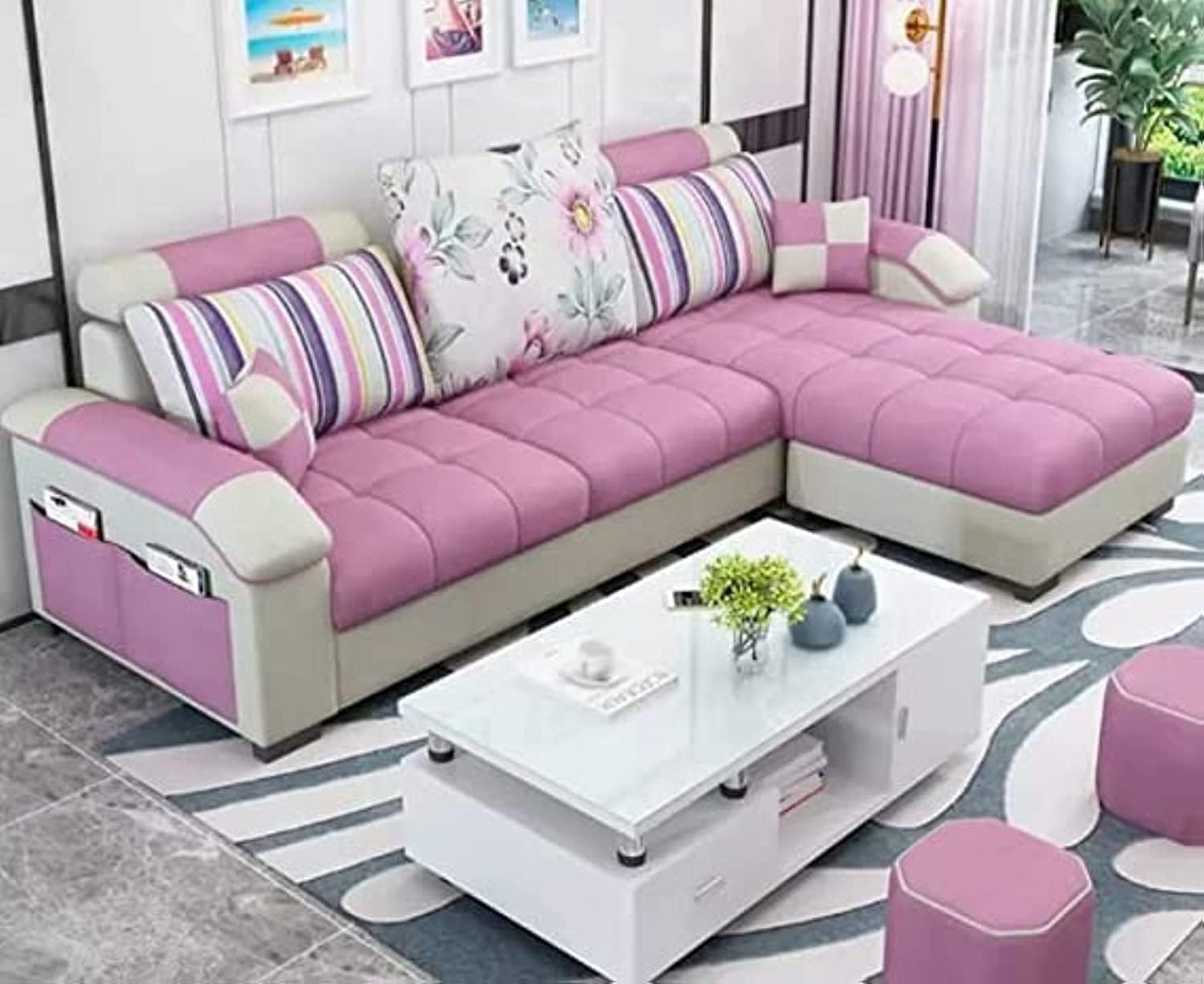 Modular Modern Corner Beds Sectional L shape Sofa Set Furniture Living Room Sofas (PINK)