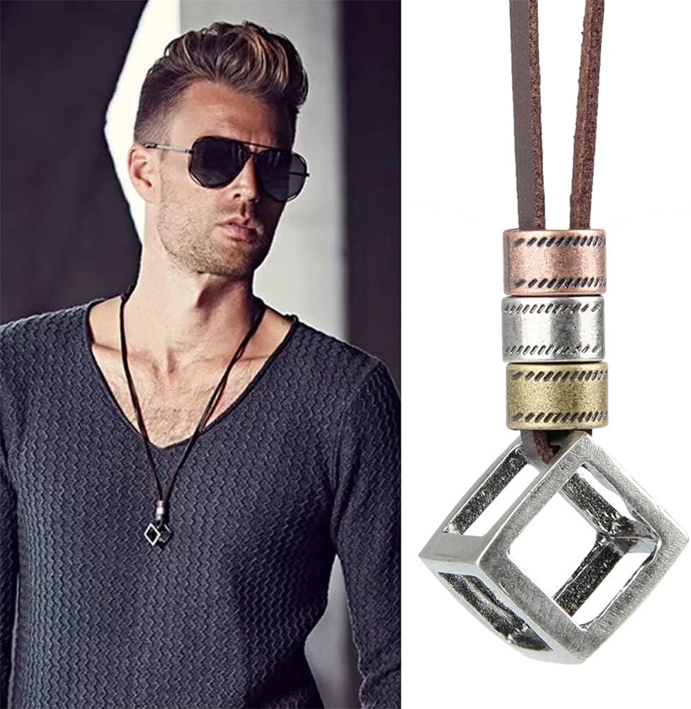 JczR.Y Leather Necklace for Men Double Circle Rings Leather Rope Pendant Necklace Punk Leather Chain Disc Ring Necklace Vintage Jewelry Gift