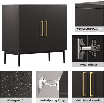 REHOOPEX Storage Cabinet with Doors, Modern Black Accent Cabinet, Free Standing Cabinet, Wooden Buffet Sideboards for Bedroom, Kitchen,Home Office